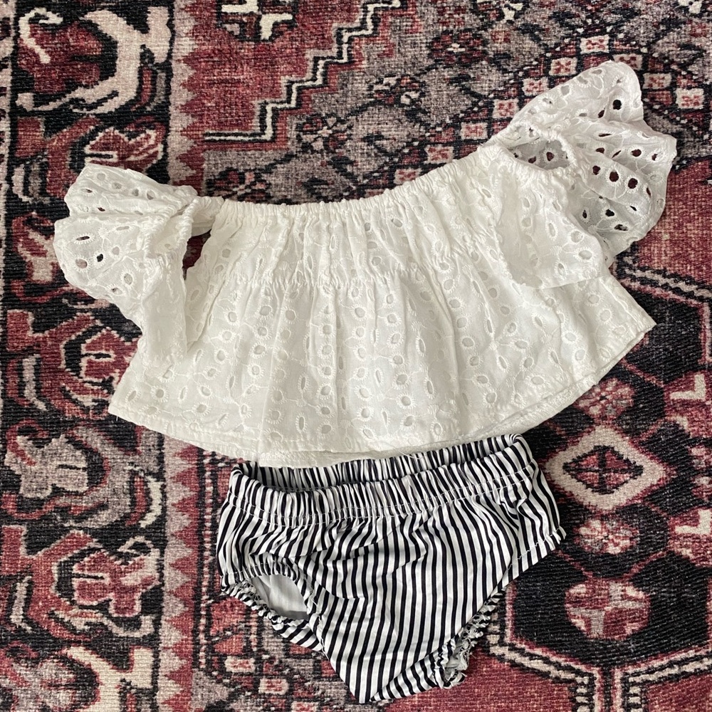 Baby Boutique Two Piece Set. White Eyelet Off Shoulder Top & Stripe Bloomers